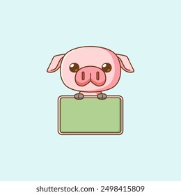 set Cute hold blank space board banner pig kawaii chibi character mascot illustration outline style