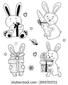 Set of Cute holiday bunnies with gifts in box with bow and carrot. Vector illustration. Isolated elements in style of hand drawn linear doodles. animal for design, decor, greeting cards, valentines