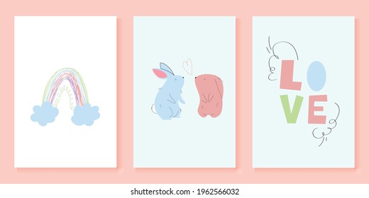 A set of cute holiday cards. Two rabbits, hand-drawn rainbow, love text. Greeting poster, T-shirt print, children's room design element. All objects are isolated. Cartoon vector illustration.