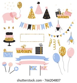 Set of cute holiday objects with gold glitter elements. Vector hand drawn illustration.