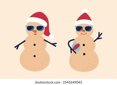 Set of cute holiday sand snowman flat vector.
Beach summer sand snowman cartoon.
Christmas Beach Snowman illustration.