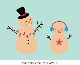 Set of cute holiday sand snowman flat vector.
Beach summer sand snowman cartoon.
Christmas Beach Snowman illustration.