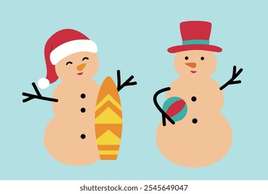 Set of cute holiday sand snowman flat vector.
Beach summer sand snowman cartoon.
Christmas Beach Snowman illustration.