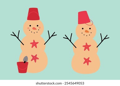 Set of cute holiday sand snowman flat vector.
Beach summer sand snowman cartoon.
Christmas Beach Snowman illustration.