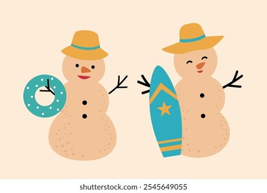 Set of cute holiday sand snowman flat vector.
Beach summer sand snowman cartoon.
Christmas Beach Snowman illustration.