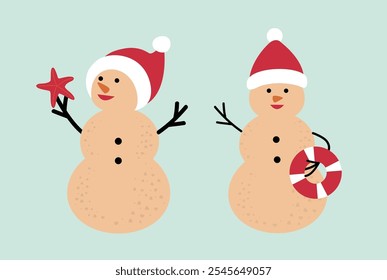 Set of cute holiday sand snowman flat vector.
Beach summer sand snowman cartoon.
Christmas Beach Snowman illustration.