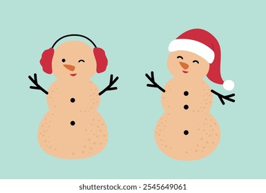 Set of cute holiday sand snowman flat vector.
Beach summer sand snowman cartoon.
Christmas Beach Snowman illustration.