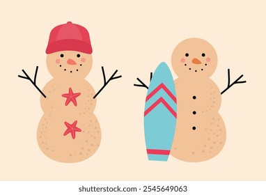 Set of cute holiday sand snowman flat vector.
Beach summer sand snowman cartoon.
Christmas Beach Snowman illustration.