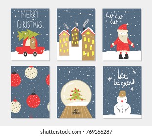 Set of cute holidays winter cards. Vector hand drawn illustration.