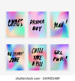 Set of cute holographic posters with brush pen lettering composition and text "Drama Boy, Girl Power, No Drama Zone". Vaporwave kawaii style: juicy punchy pastel blue, pink, green, red, violet colors.