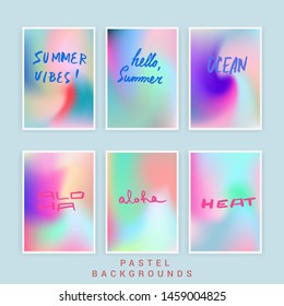 Set of cute holographic posters with brush pen lettering composition and text "Summer Vibes, Aloha, Ocean". Vaporwave kawaii style: juicy punchy pastel blue, pink, green, red, violet colors.