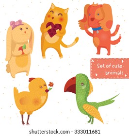 Set of cute home animals isolated on white background. Cat, parrot, bunny, dog, chicken. Vector fun illustration.