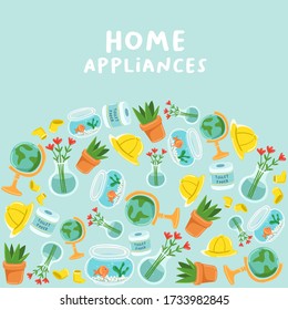 Set of cute home appliances. Card layout. Vector Illustration
