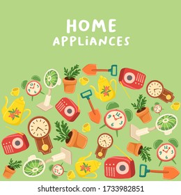 Set of cute home appliances. Card layout. Vector Illustration