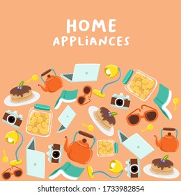 Set of cute home appliances. Card layout. Vector Illustration