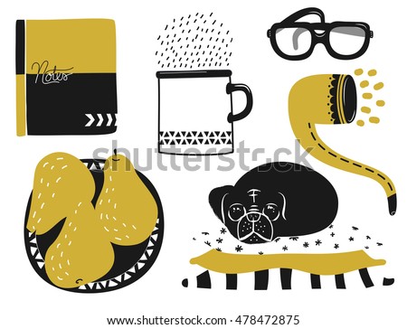 Set of cute home icons in two colors, including mug, notebook, pug and pears, ocher and black duo-tone, hand drawn clip art