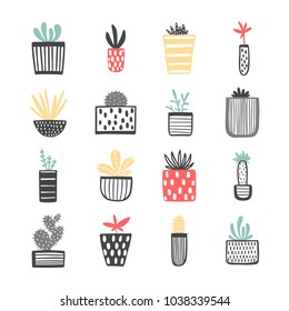 Set of cute home succulent plants in pots. Colorful botanical set. Hand drawn vector illustration in scandinavian style. Handmade floral design elements for cards, invitations, patterns, stickers.