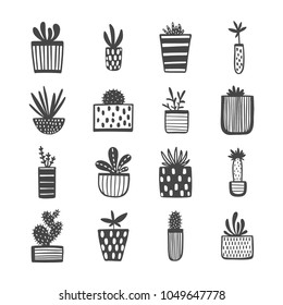 Set of cute home succulent plants in pots. Colorful botanical set. Hand drawn vector illustration in scandinavian style. Handmade floral design elements for cards, invitations, patterns, stickers.