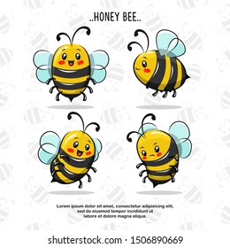Set Cute Honey Bee Character Cartoon Illustration