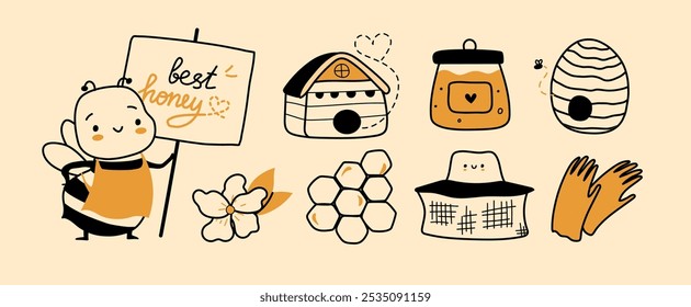 Set of cute honey bee character isolated. Beekeeping essentials concept. Hand drawn vector doodle illustration