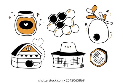 Conjunto de abelhas bonitinho caráter isolado. Conceito essencial da apicultura. Ilustração de doodle de vetor desenhado à mão