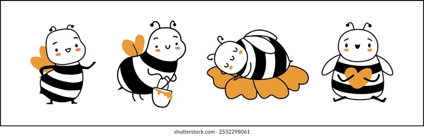 Set of cute honey bee characters isolated. Bumble bee smiling,carrying honey, sleeping on flower. Hand drawn vector doodle illustration