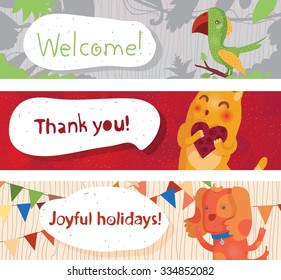 Set of cute horizontal banners with home animals isolated on white background. "welcome, thank you, joyful holidays" with cat, parrot, dog. Vector fun illustration.