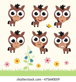 Set of cute horse with big eyes in different emotions.