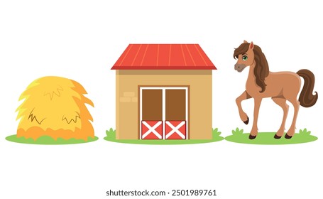 Set of cute horse character, horse stable, haystack. Farm animal and their homes, favorite food in cartoon style. Children design vector element for activity books.