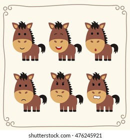 Set of cute horse in different emotions in cartoon style.