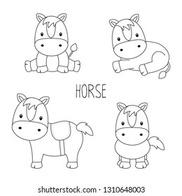Set of cute horse in different poses in cartoon style. 