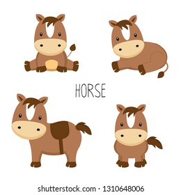 Set of cute horse in different poses in cartoon style. 
