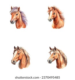 set of cute horse watercolor illustrations for printing on baby clothes, sticker, postcards, baby showers, games and books, safari jungle animals vector