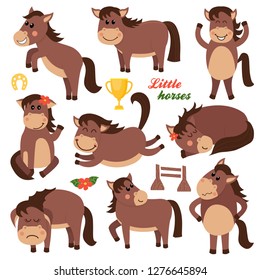 Set of cute horses character in various positions. Vector illustration for your design