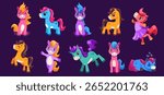 Set of cute horses in different poses. Hand-drawn ponies, cute magic character. Vector illustration for birthday poster design or New Year greeting cards.