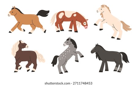 Conjunto de caballos lindos en un estilo de dibujos animados planos aislados sobre un fondo blanco. Ilustración vectorial.