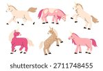 Set of cute horses unicorns in a flat cartoon style isolated on a white background. Vector fairytale illustration