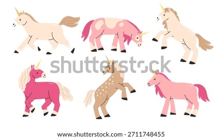 Set of cute horses unicorns in a flat cartoon style isolated on a white background. Vector fairytale illustration