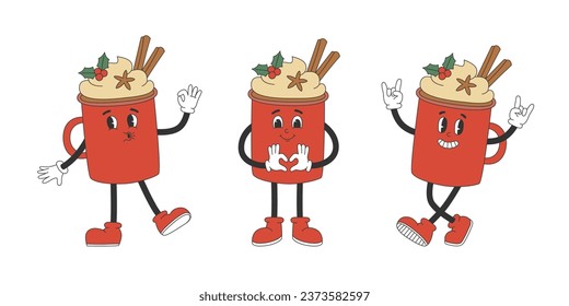 Set of cute hot chocolate cup characters in groovy style. Cartoon characters in trendy retro style for Christmas design. Isolated vector illustration 