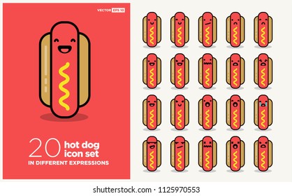 Set Of Cute Hot Dog Emoji Line Icons In Different Expressions