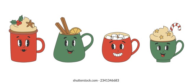 Set of cute hot drinks characters in y2k groovy style. Cartoon characters in trendy retro style for Christmas design. Isolated vector illustration 