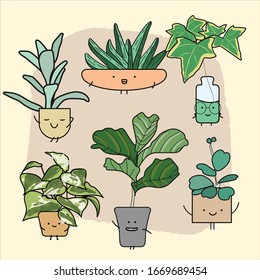 Set of cute house plants in pots. Colorful botanical set. Succulents and house plants. Hand drawn vector art. Set of house indoor plant vector.