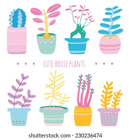 Set of cute house plants in pots, hand drawing in cartoon style. Colorful botanical set