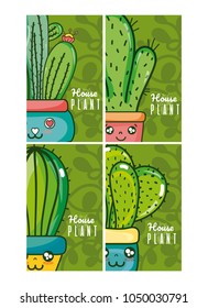 Set of cute houseplants cartoon cards on colorful frames