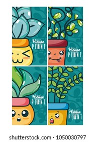 Set of cute houseplants cartoon cards on colorful frames