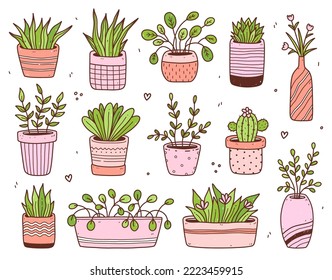 Conjunto de lindas plantas en macetas de flores aisladas en fondo blanco. Ilustración de vectores dibujada a mano en estilo doodle. Perfecto para tarjetas, decoraciones, pegatinas, varios diseños.