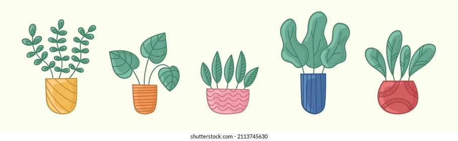 Set of cute houseplants in vases in flat cartoon style. Vector illustration on a light background. For postcard, poster, banner, sticker, website