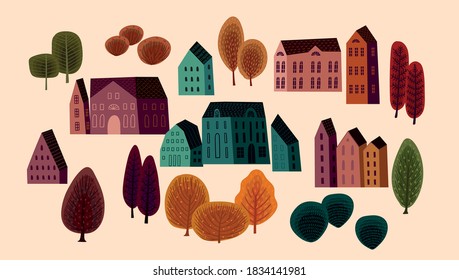 Set of cute houses and autumn trees. Vector illustrations. Design elements.