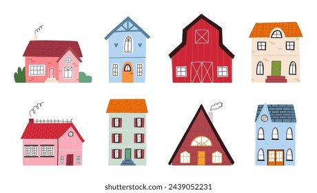 Conjunto de casas lindas, ilustración vectorial plana de dibujos animados aislada sobre fondo blanco. Coloridos edificios dibujados a mano. Casas de ciudad y campo.