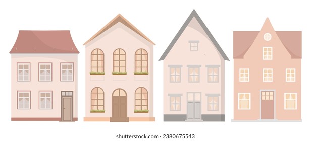 Conjunto de casas bonitas, edificios de la ciudad de estilo escandinavo. El exterior de casas acogedoras con ventanas y puertas, arquitectura europea. Ilustración vectorial plana aislada en fondo blanco	